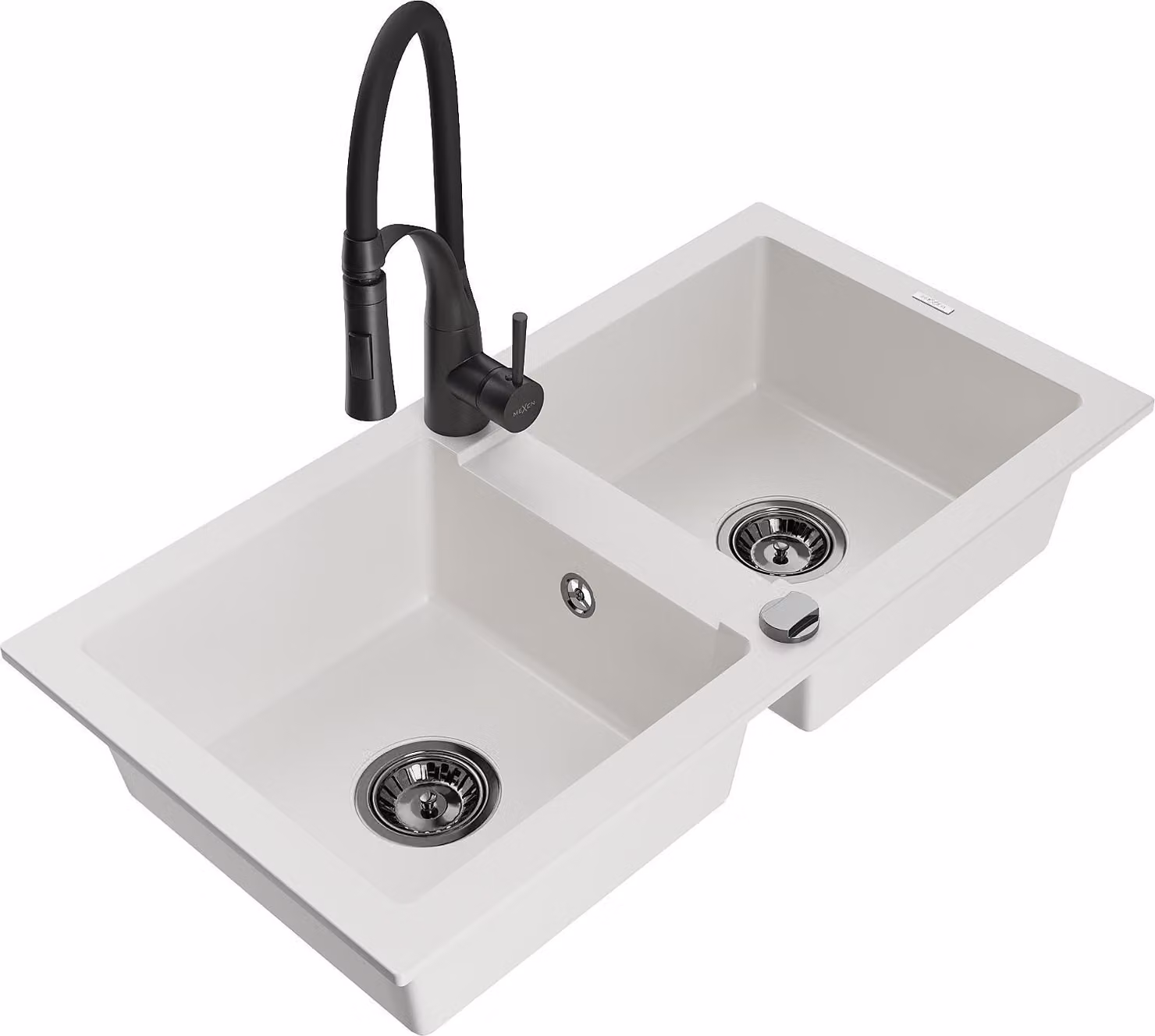 Mexen Mario lavello in granito a 2 vasche con miscelatore da cucina Aster, bianco - 6504-20-73450-70-B
