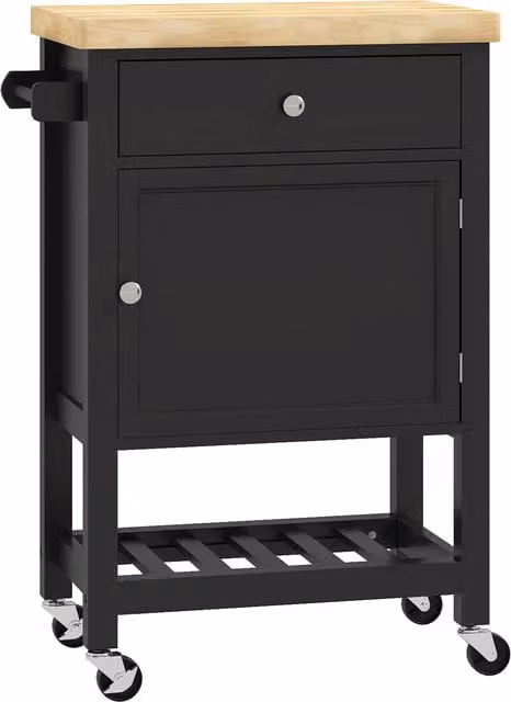 HOMCOM Carrello da Cucina su Ruote, Carrello di Servizio con Piano in Legno di Hévéa e Cassetto, 63,5x40x90 cm, Nero   Aosom Italy