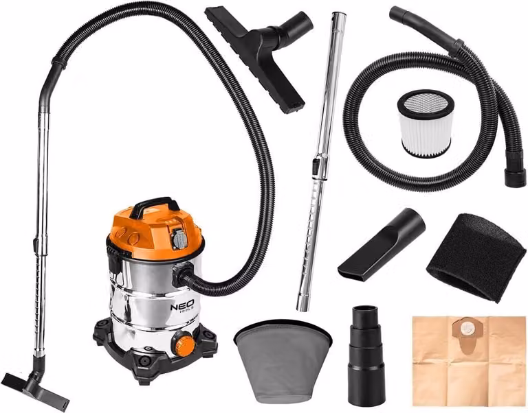 NEO TOOLS aspirapolvere a umido/secco 1400W - contenitore in acciaio inox 30L - sistema di tubi da 35mm - funzione soffiante - presa supplementare max. 2000W - cavo di alimentazione 4m