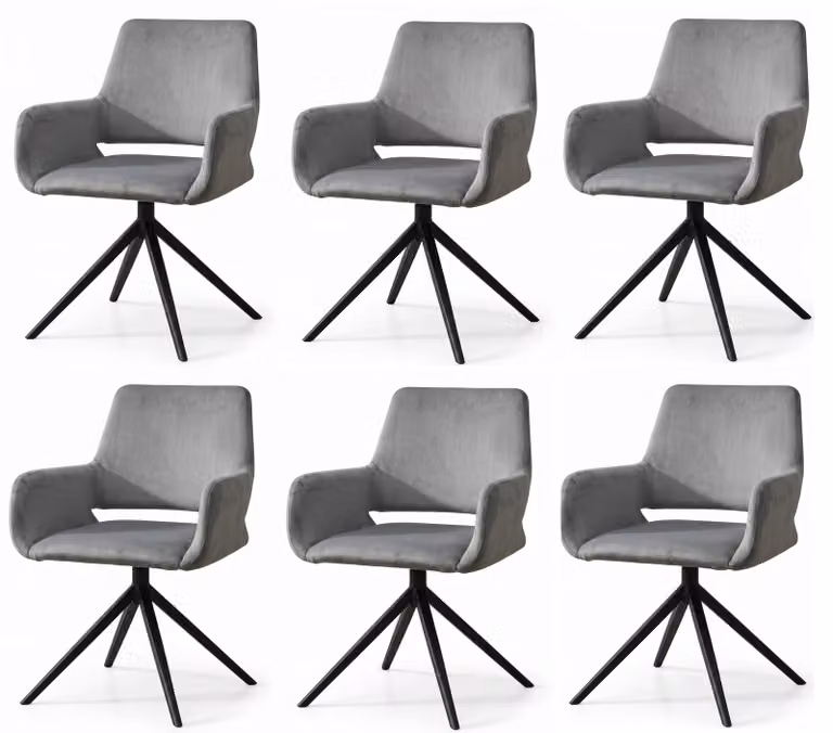 Set di 6 eleganti e raffinati tavoli da pranzo, rivestiti in tessuto grigio, con braccioli