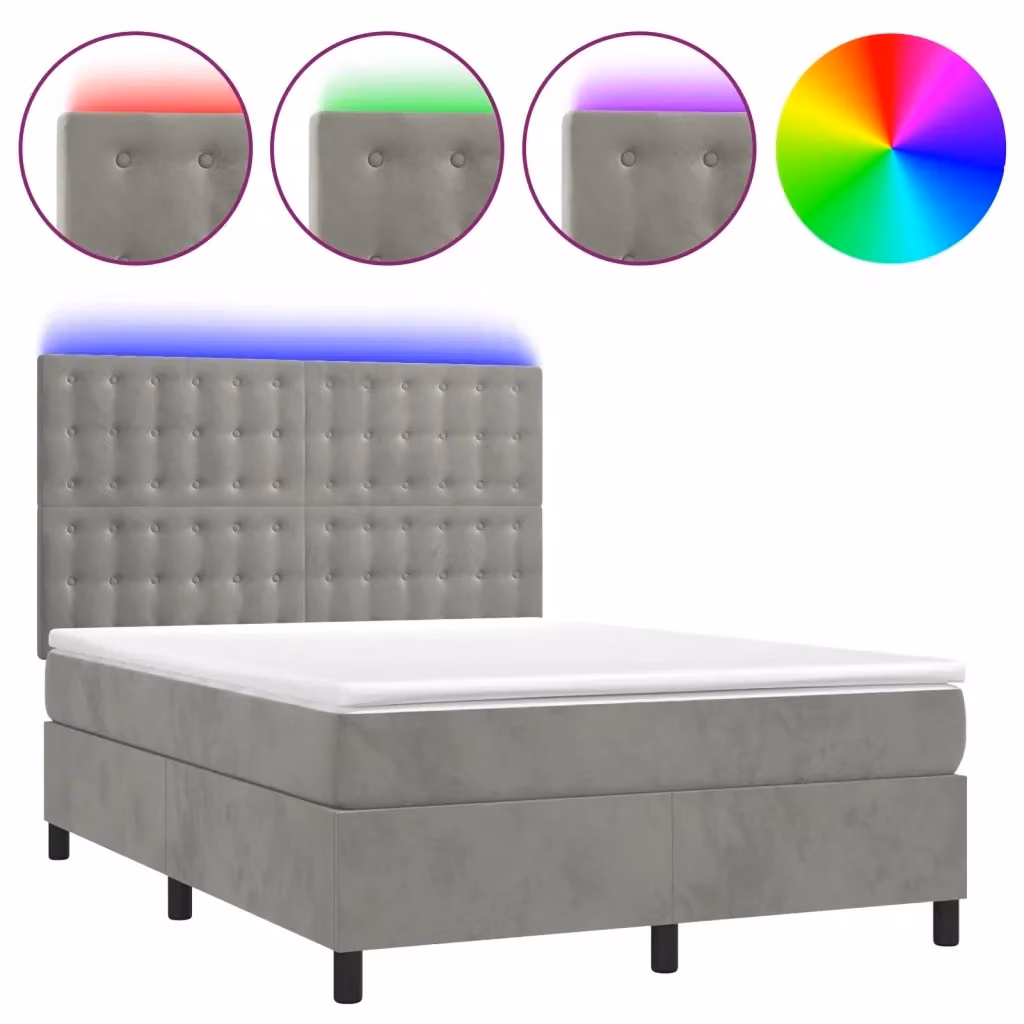 Letto Ibrido con Materasso e Illuminazione LED vidaXL in Velluto Grigio L/P: 140 x 190 cm – 2