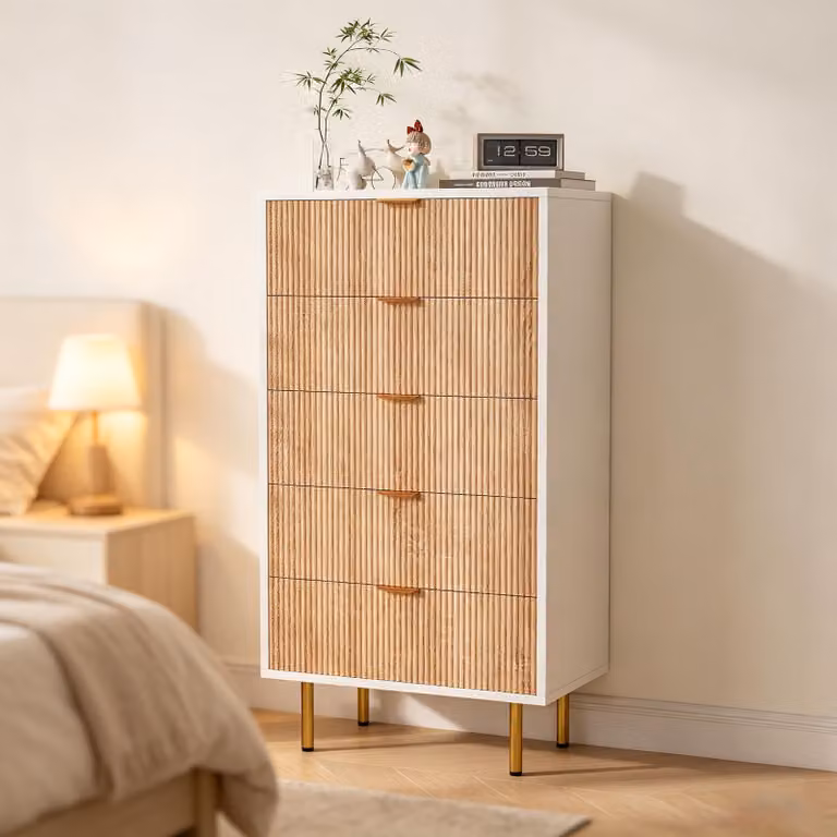 Comodino INONEFT con 5 cassetti, mobiletto portaoggetti, credenza con maniglie in metallo, ideale per camera da letto, soggiorno o ingresso, disponibile in colore legno e bianco
