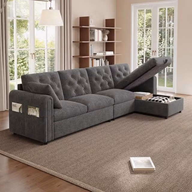 Divano angolare in velluto moderno - Zephmum - 281¡Á86¡Á71 cm - Grigio - Con contenitore, schienale con bottoni
