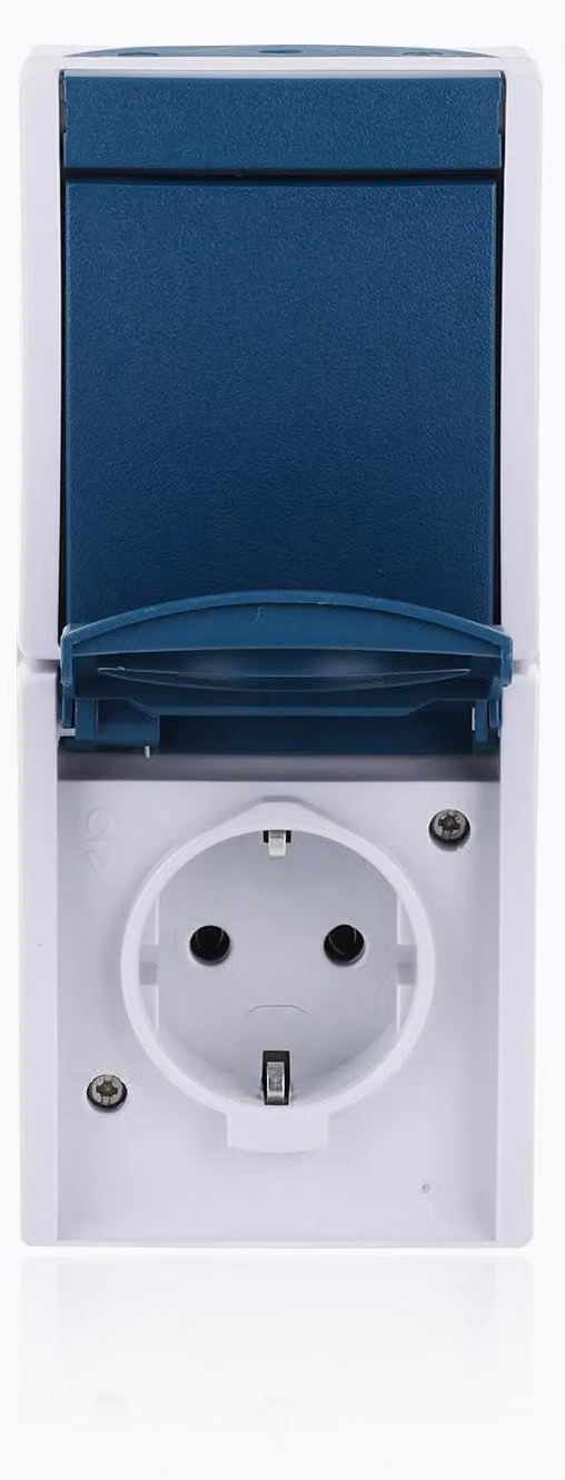 Interruttore/presa combinata, grado di protezione IP44, bianco/blu, 16A