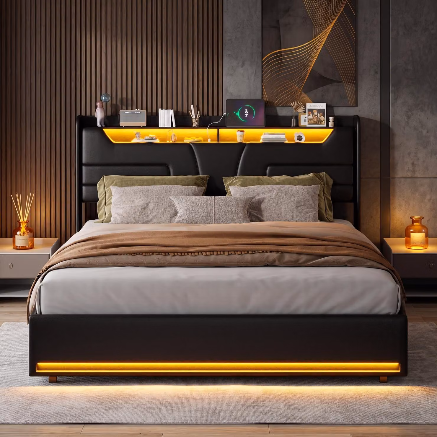 Letto imbottito INONEFT, 160x200 cm, con spazio contenitore, letto per ragazzi/matrimoniale con funzione di ricarica USB e LED, letto con sistema di sollevamento idraulico e spazio contenitore, rete a listelli, rivestimento in PU, colore nero