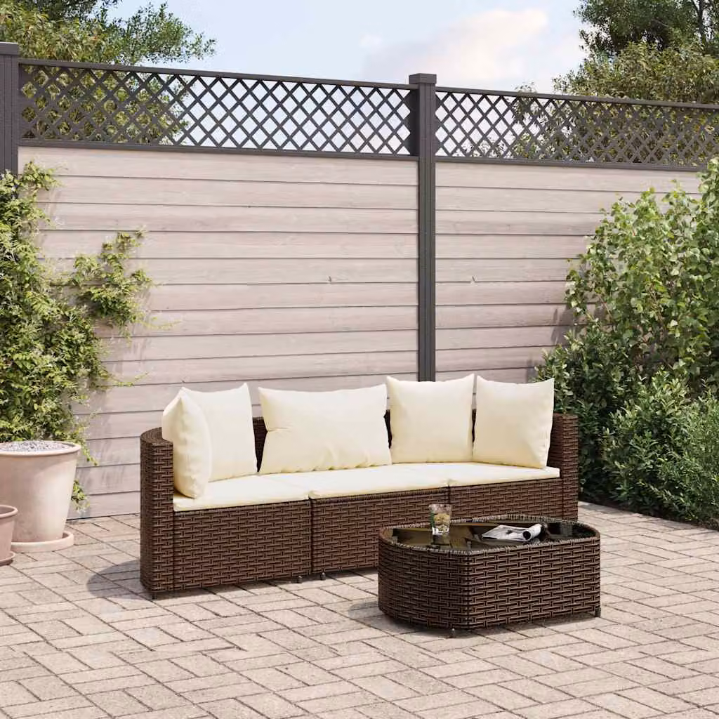 Set Divano da Giardino vidaXL a Forma di L con Tavolino e Cuscini, Polyrattan e Metallo, Marrone