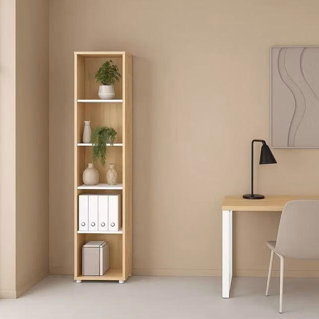 Libreria Baaz, Scaffale da ufficio, Mobile portalibri, Biblioteca, 41x34 h205 cm, Rovere e Bianco