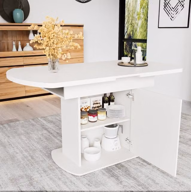 Tavolo da pranzo ovale allungabile L110/130xP70xH75 cm con vano portaoggetti, bianco con maniglia dorata