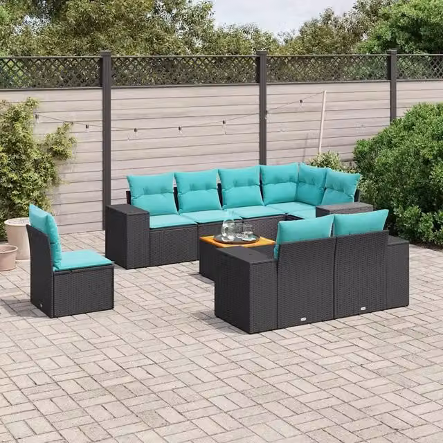 Set di Divani da Giardino vidaXL a Forma di U in Polyrattan Nero con Cuscini Blu e Tavolino da Esterno – 1