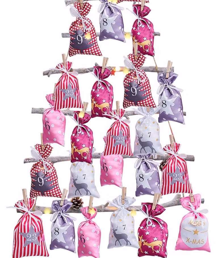Calendario dell'Avvento da riempire, grande, 12x21,5 cm, con 24 sacchetti di tessuto, catena rossa