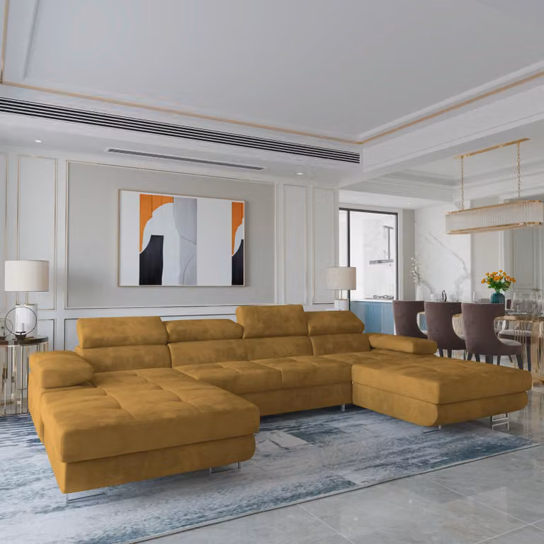 Divano angolare LYKKE di Masseno con funzione letto a U, divano con box letto, divano da soggiorno, divano, divano letto, set di divani - giallo, MONOLITH 48