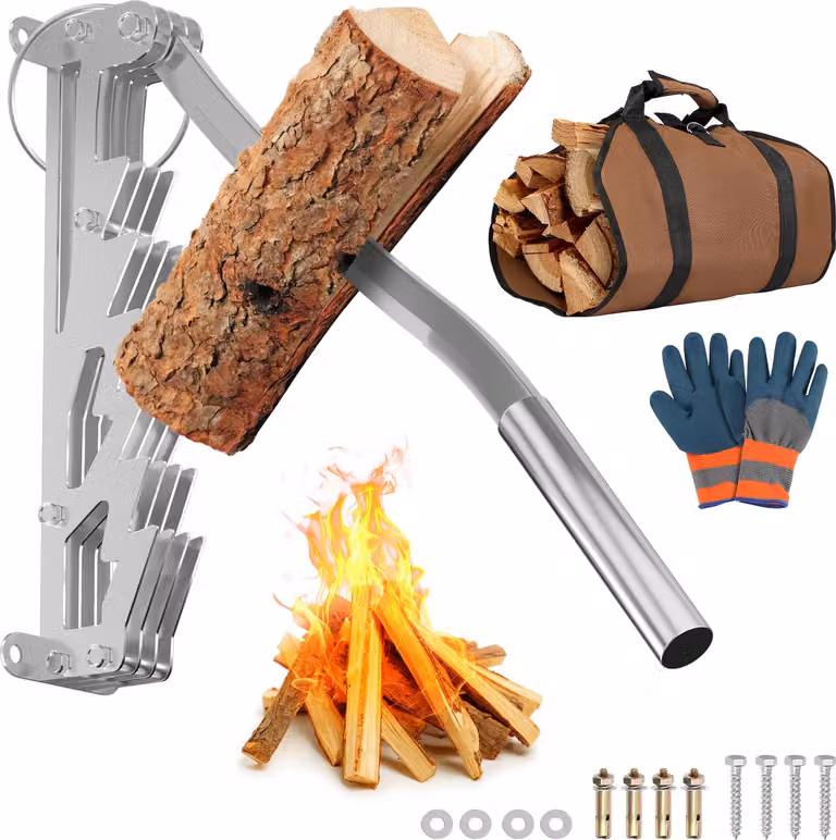 Spaccafuoco manuale in legno per legna da ardere, con impugnatura robusta e accessori, da montare a parete, colore argento