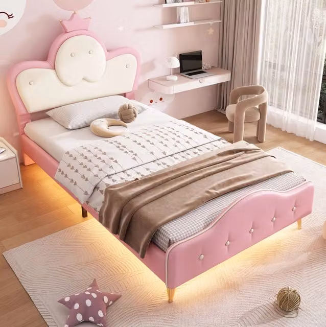 Letto singolo 90x200 cm bianco rosa in PU, testiera a corona e LED