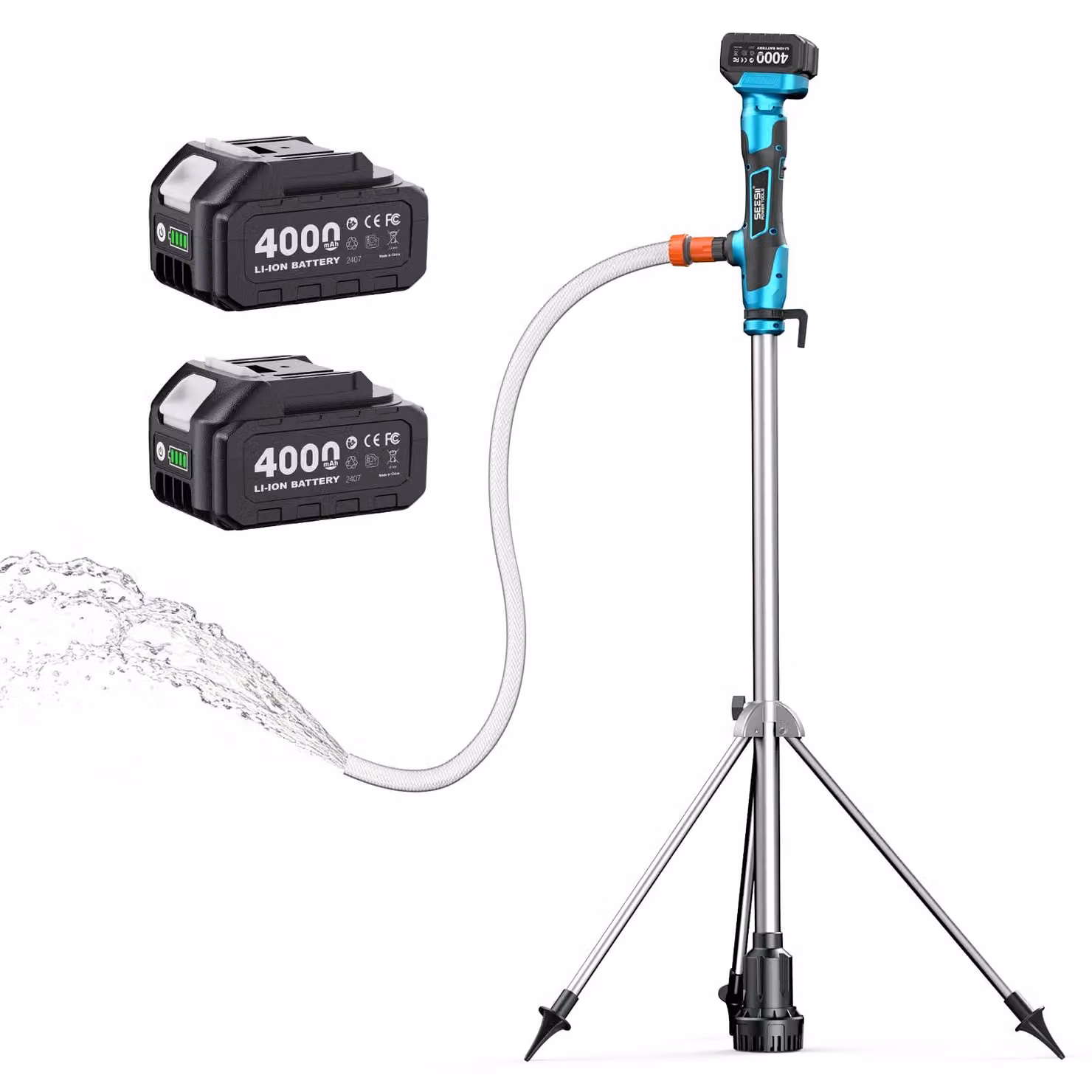 Pompa sommergibile a batteria per acque pulite, con stativo, portata 2725 l/h, altezza massima di sollevamento 5 metri, alimentazione 2 batterie da 4,0 Ah