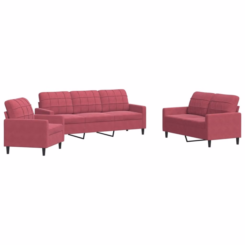 Set di Divani 3 pz con Cuscini Rosso Vino in Velluto