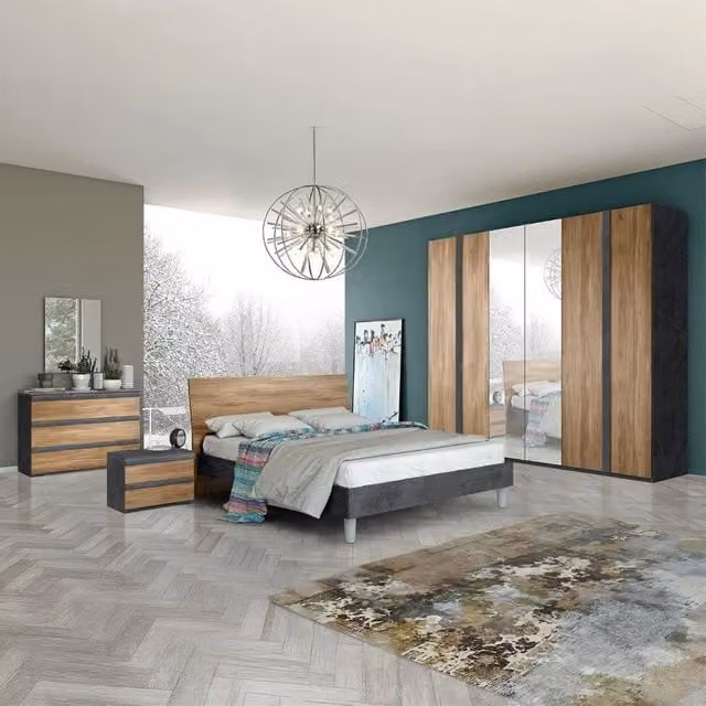Set completo camera da letto Borghese in legno massello noce e antracite con armadio, letto, cassettiera, comodino e specchio – 1