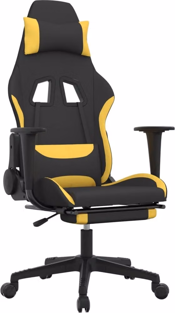 Sedia da Gaming Massaggio e Poggiapiedi Tessuto Nero e Giallo