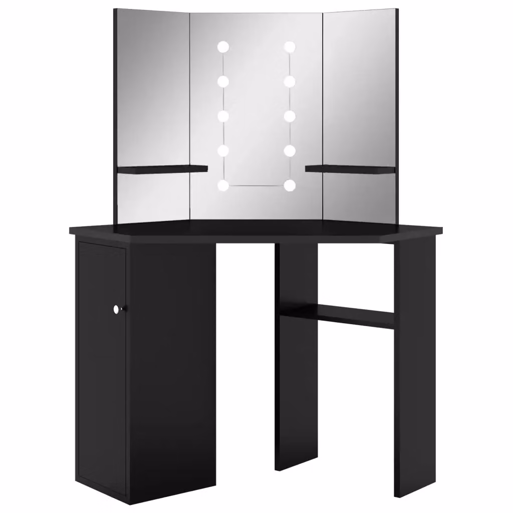 Tavolino da Trucco Angolare con LED vidaXL Nero L: 111 cm, P: 54 cm, H: 141,5 cm – 2