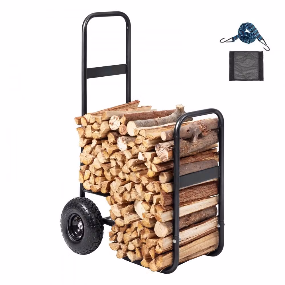 Carrello per legna da ardere 67x52x110cm - Acciaio verniciato a polvere - Carrello per legna da ardere con ruote in gomma da 266,7 mm - Capacità di carico 113,4 kg - Carrello di trasporto con corda elastica - Rete da pavimento.