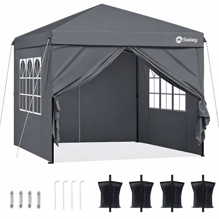 Gazebo pieghevole Sekey 3x3 con 4 pareti laterali e 4 sacchi di sabbia, gazebo pop up impermeabile per campeggio, festival, eventi, picnic, grigio