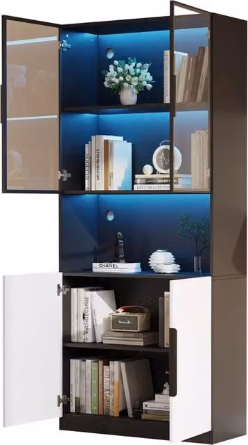 Vetrina moderna Mivray con ante in vetro, illuminazione integrata e ripiani interni, bianca e nera L/P/H: 80 x 30 x 200 cm