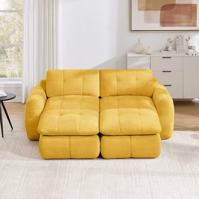 Divano 2 posti ¨C Minimal ¨C giallo, tessuto chenille trapuntato, set con 2 poggiapiedi