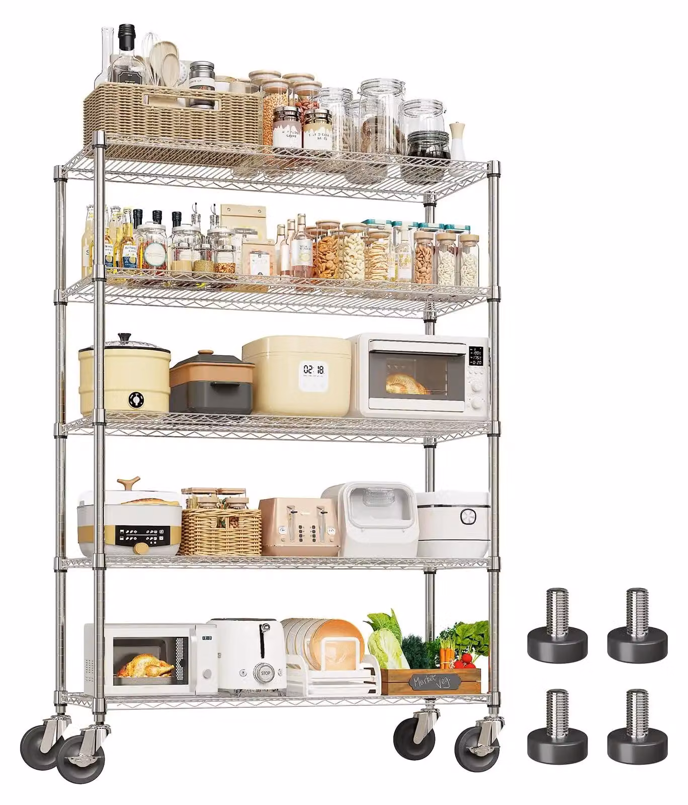 Scaffale metallico a filo – scaffale robusto a 5 ripiani – con ruote girevoli a 360° – ripiani regolabili – ideale per cucina e garage – scaffale di stoccaggio in acciaio cromato