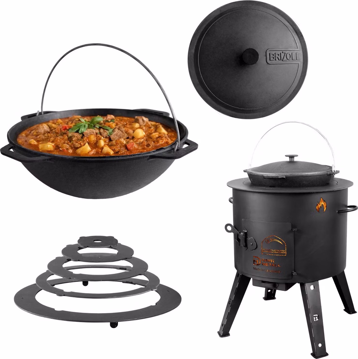 Ø44 cm Uchag 2 mm acciaio Utschak con anelli adattatori 10 L Kazan rotondo Kasan Utschag cucina da campo focolare fornello da campeggio cucina da esterno fornello per stufato
