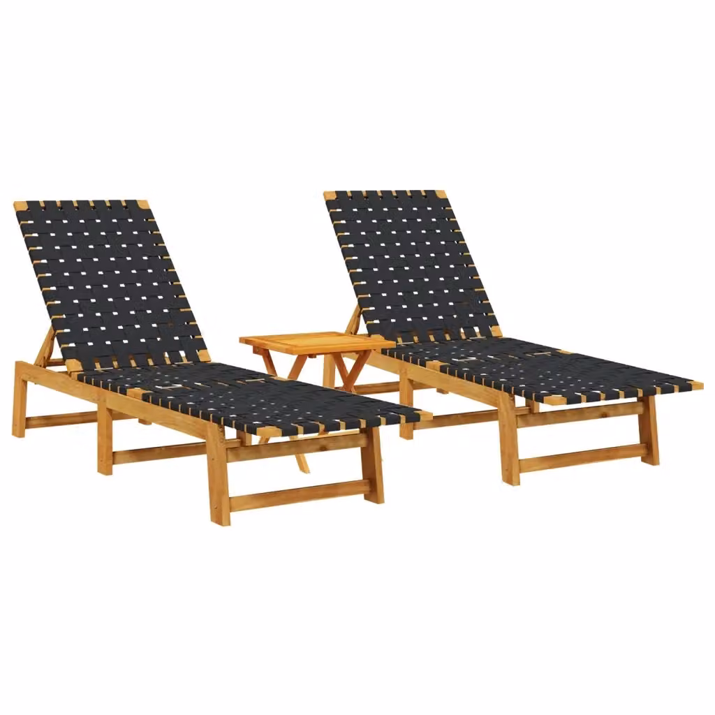 Set di 2 lettini prendisole con tavolino vidaXL in legno di acacia oliato nero e marrone con poggiatesta regolabile e tessuto textilene per giardino e terrazzo – 2