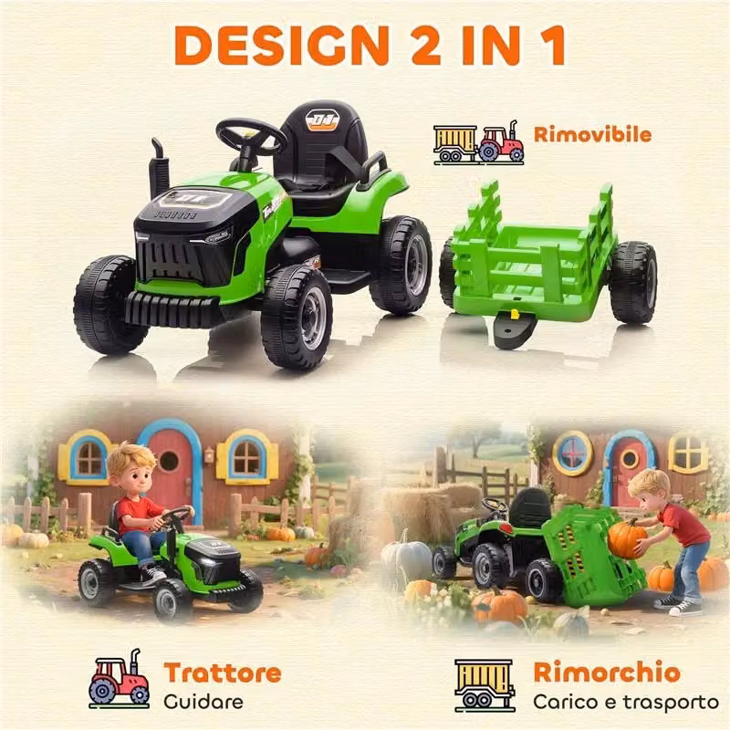 Trattore elettrico per bambini con rimorchio staccabile e telecomando, verde, in plastica e metallo, L: 139 cm, P: 58 cm, H: 55 cm – 2
