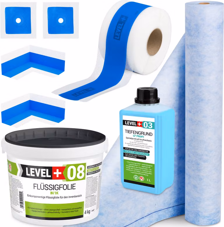 Kit di impermeabilizzazione Pellicola liquida 4 kg Nastro sigillante 5 mb Rondella 1 mb Primer 1 l Doccia - LEVEL+ SET346