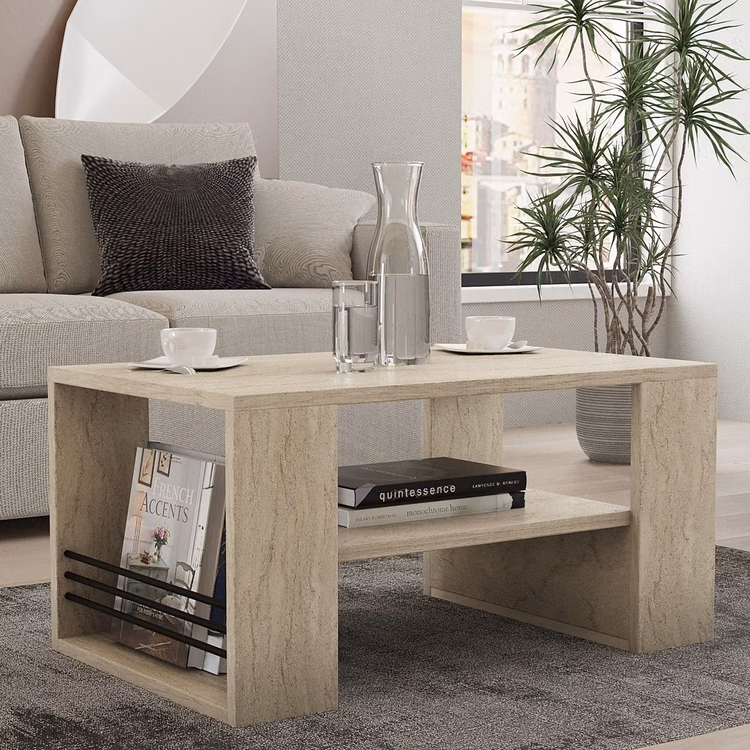 Limosano - Tavolino da Salotto, 80x50x40h cm Bianco Marmo, un Vano