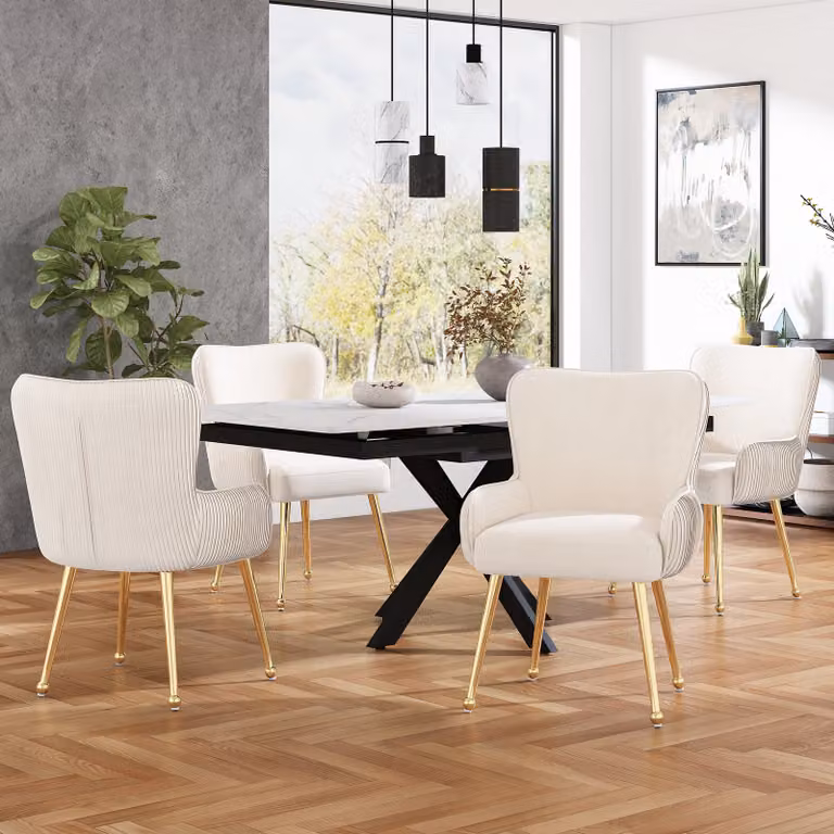Set di 4 sedie da sala da pranzo Flieks, sedie da cucina imbottite con gambe in metallo, poltrona da soggiorno con rivestimento in velluto, oro beige