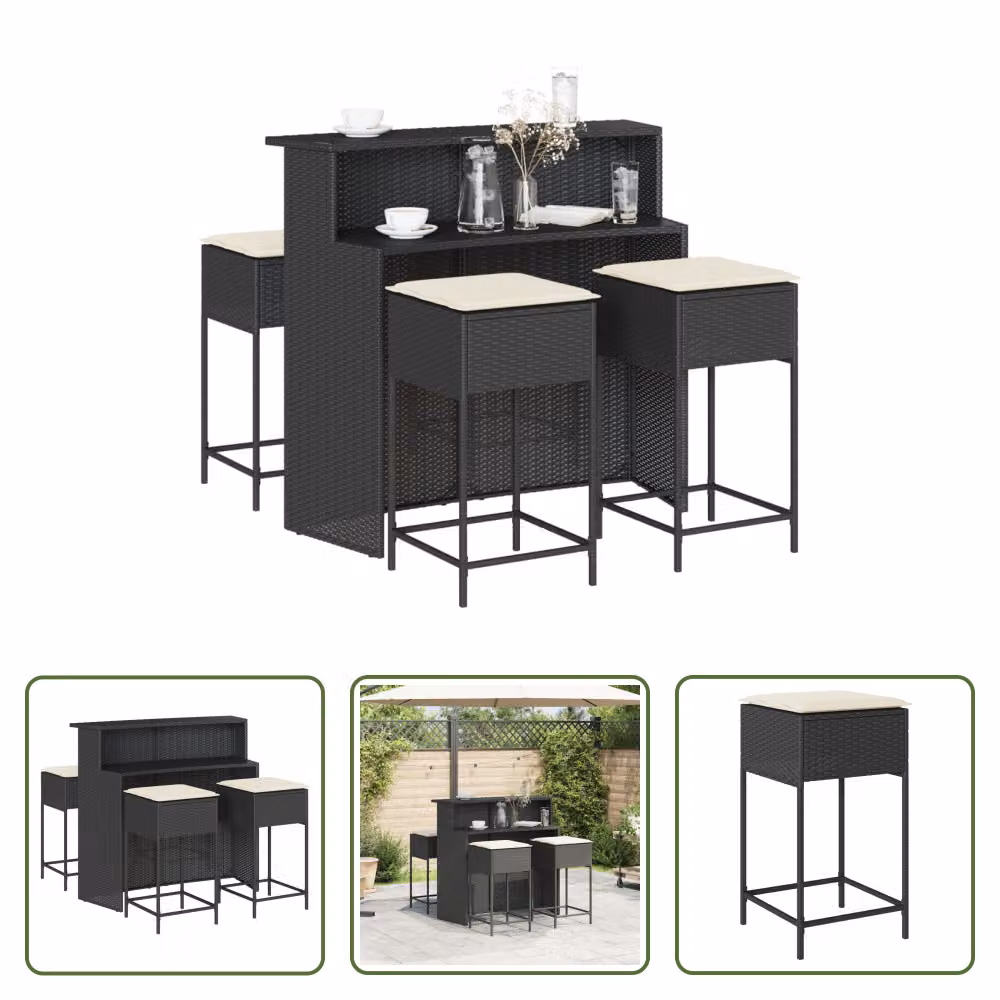 The Living Store Set bar da giardino 5 pezzi con cuscini in poly rattan nero