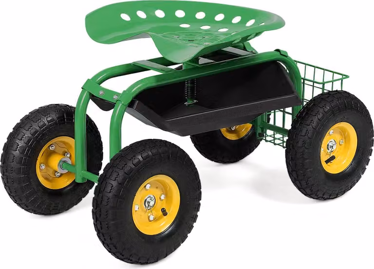 Carrello da giardino pieghevole, carrello da lavoro mobile con altezza regolabile, sedile girevole a 360°, vassoio porta attrezzi e cesto portaoggetti, con ruote, verde