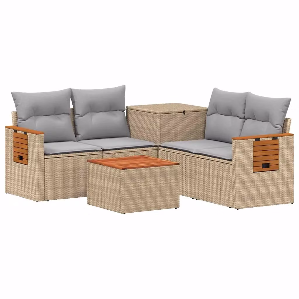 Set da giardino moderno vidaXL in polyrattan composto da 6 pezzi con divano a L, tavolino da caffè e pouf, colori beige e grigio – 2