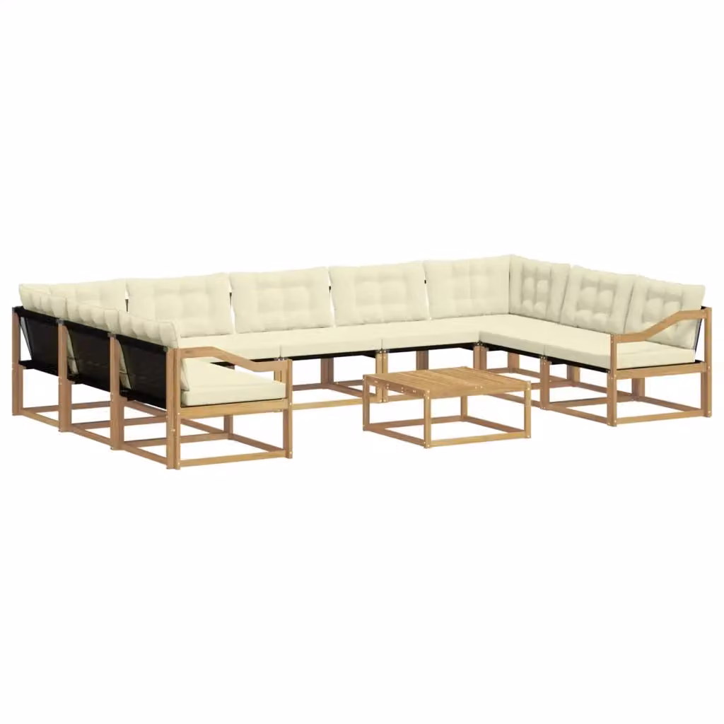 Set di divani da esterno vidaXL a forma di U con tavolo da caffè, struttura in legno di acacia e sedute in tessuto bianco e beige – 2