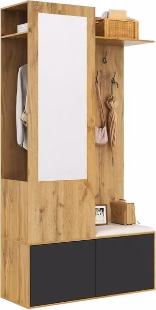 Set armadio moderno per corridoio con specchio, scarpiera, panca e 5 ganci, nero e marrone, H 191 x L 100 x P 38 cm