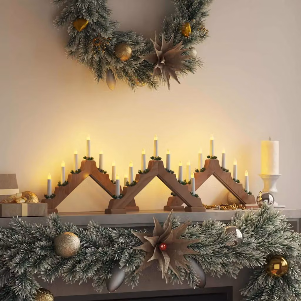 vidaXL Decorazione Natalizia Ponte con 3 Candele a LED Bianco Caldo e Legno Marrone