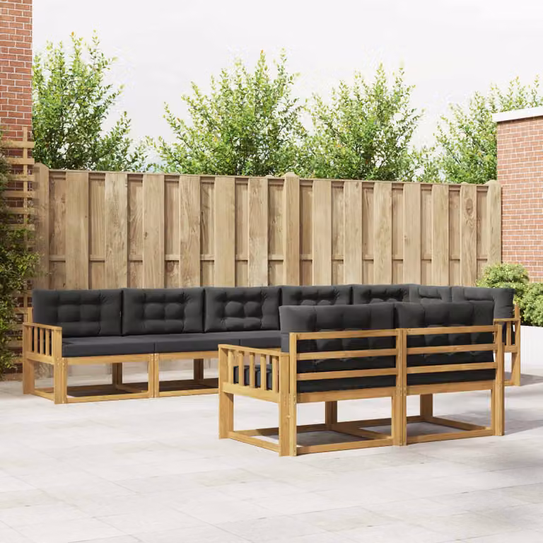 vidaXL Set di divani da esterno a forma di L composto da 6 pezzi in legno di acacia con cuscini bianchi e antracite