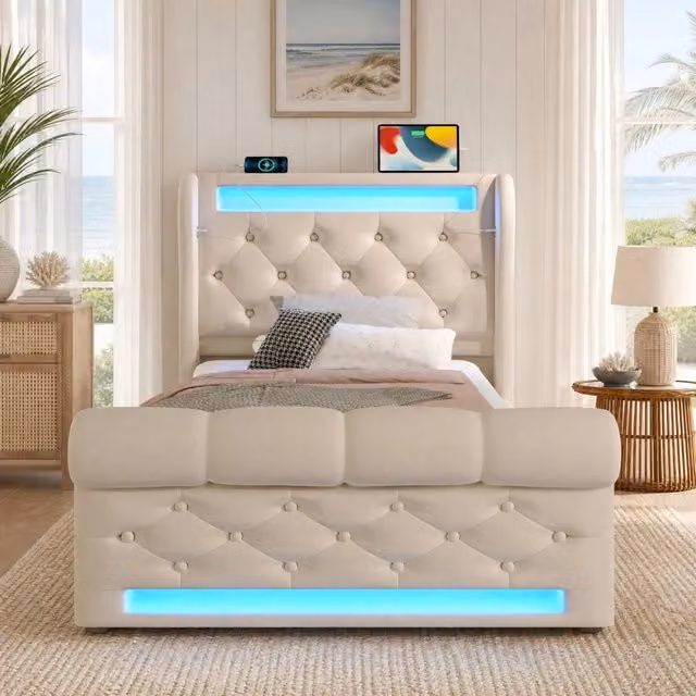 Letto contenitore singolo 90×200 cm con LED, USB e Type-C, testiera imbottita, senza materasso, velluto beige