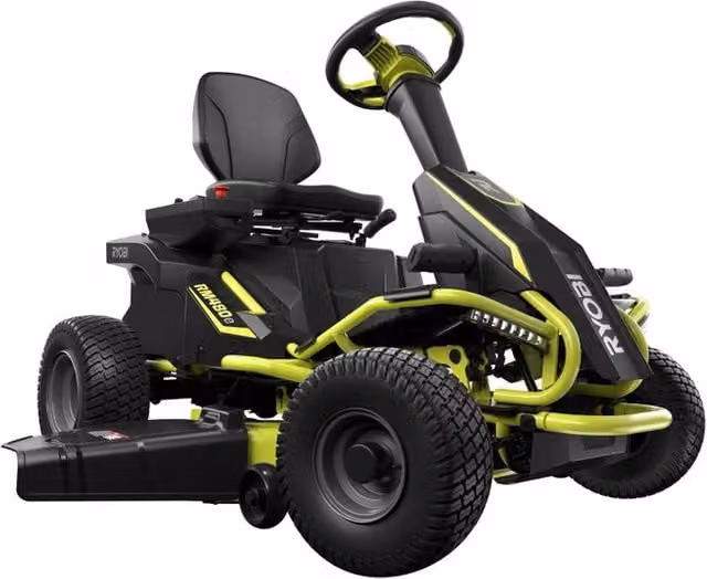 Trattorino tagliaerba a batteria Ryobi RM480E 48 V multicolore con trasmissione automatica a pedale e kit mulching L: 96 cm