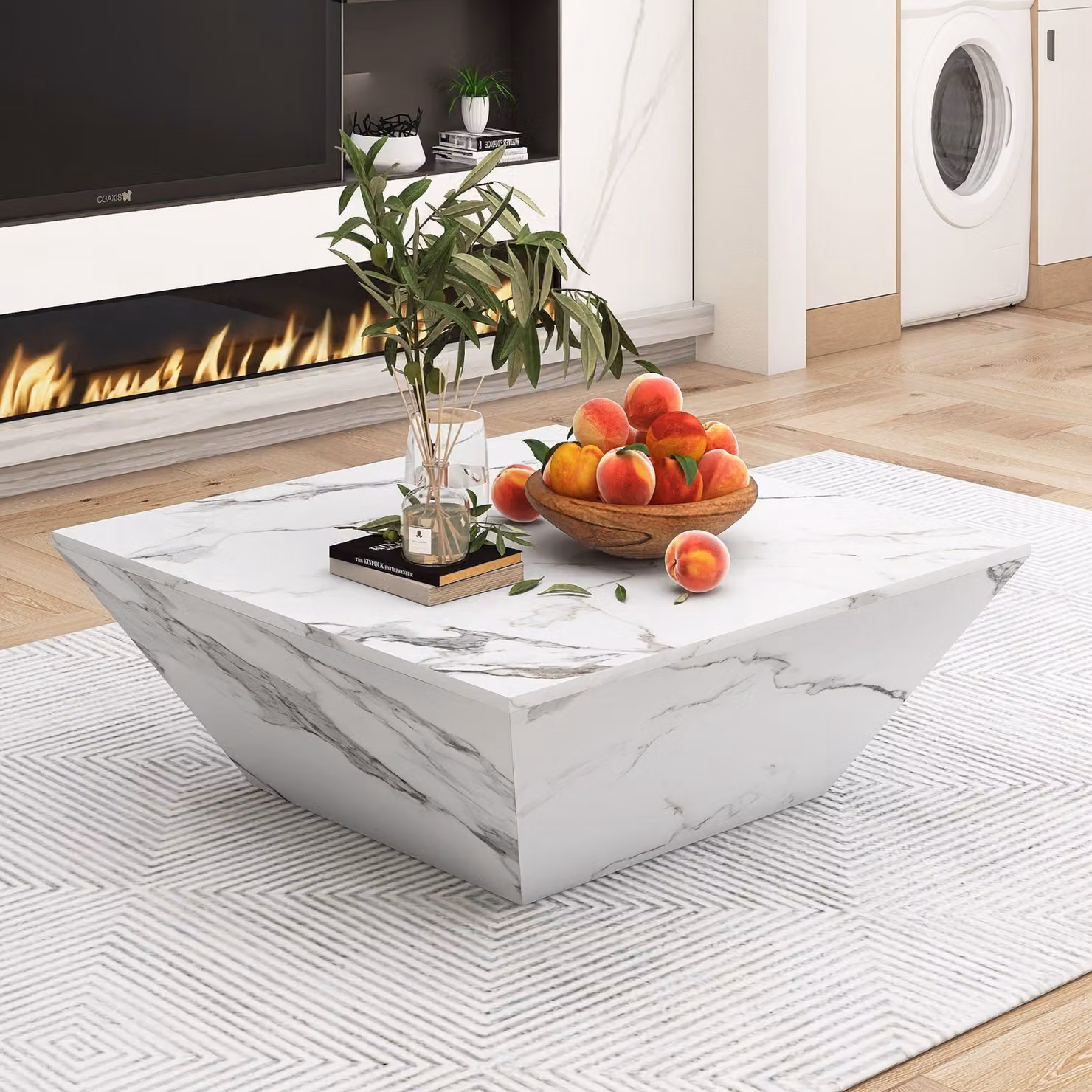 Tavolino Sweiko (1 pezzo, effetto marmo lucido con 2 cassetti), tavolo da salotto in legno, trapezoidale, 70 x 70 x 37 cm