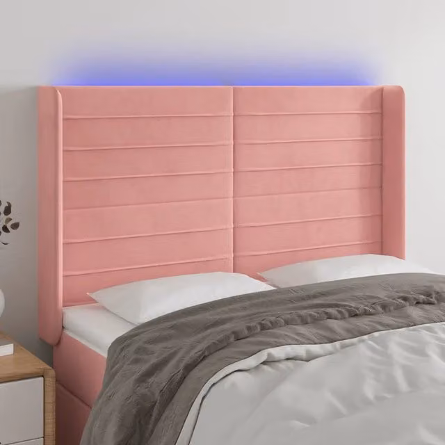 Testiera con LED Design Mania in Velluto Rosa con Porte USB L/P/H: 147 x 16 x 118/128 cm