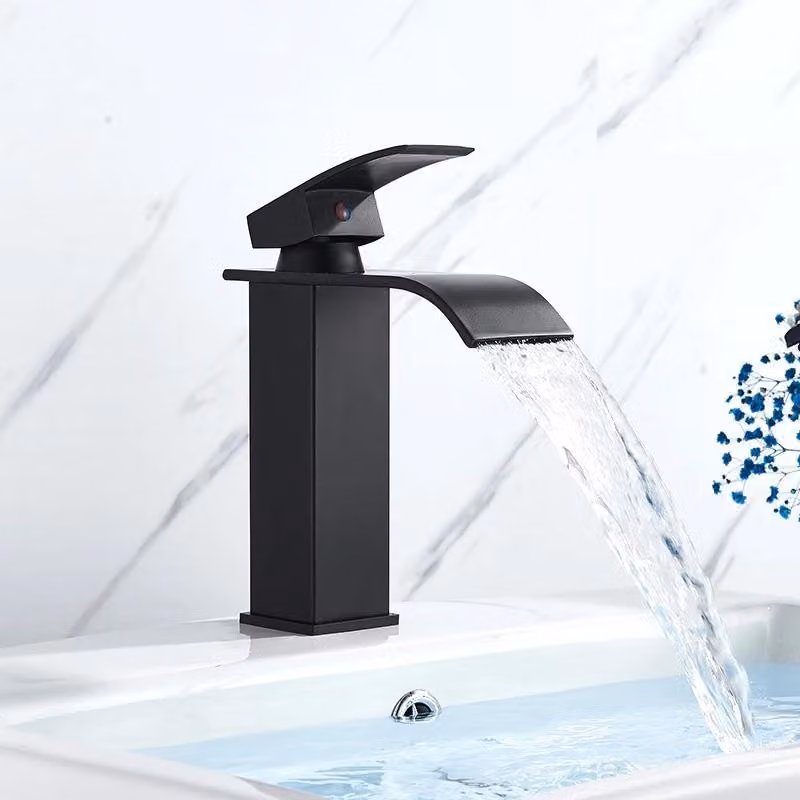 Rubinetto per lavabo - Miscelatore monocomando - Acqua calda/fredda - Cartuccia in Vetroceramica - Montaggio a foro singolo - Bocca a cascata - Corpo in ottone - Nero opaco