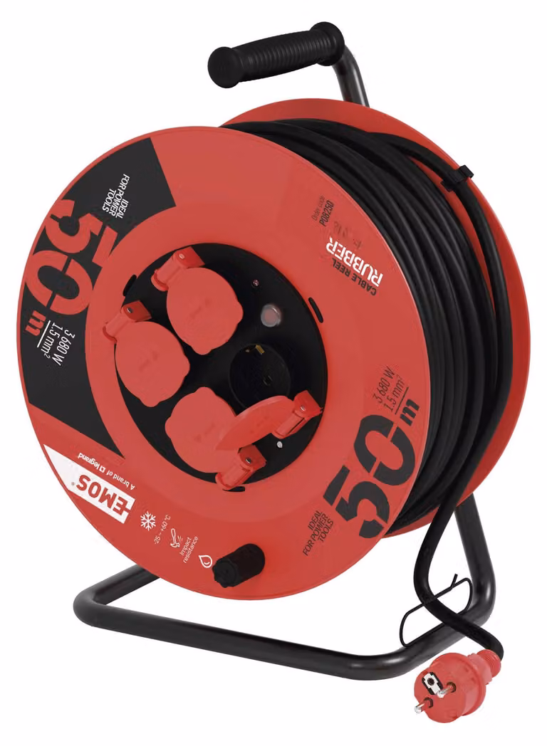 Avvolgicavo professionale EMOS IP44, cavo da 50 m con 4 prese a terra, gomma da 1,5 mm2, per uso esterno, P08250