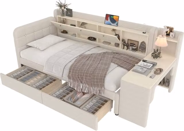 Letto divano singolo beige con scrivania, 2 cassetti e porte USB e Tipo C, L/P: 90 x 200 cm – 1
