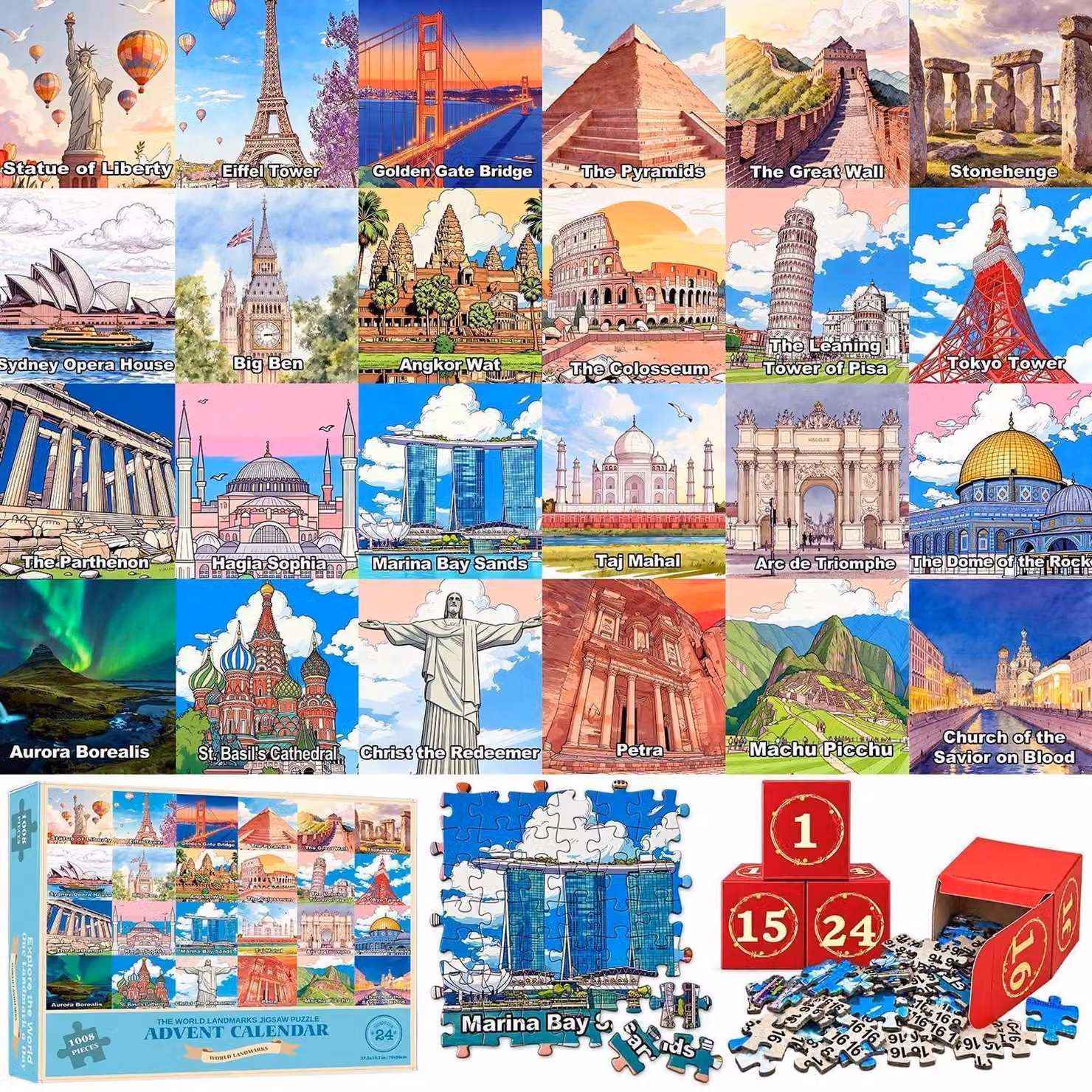 Calendario dell'Avvento con puzzle, raffigurante monumenti famosi in tutto il mondo, 1008 pezzi, dimensioni 70x50 cm, 24 giorni, regalo di Natale per ragazzi e ragazze