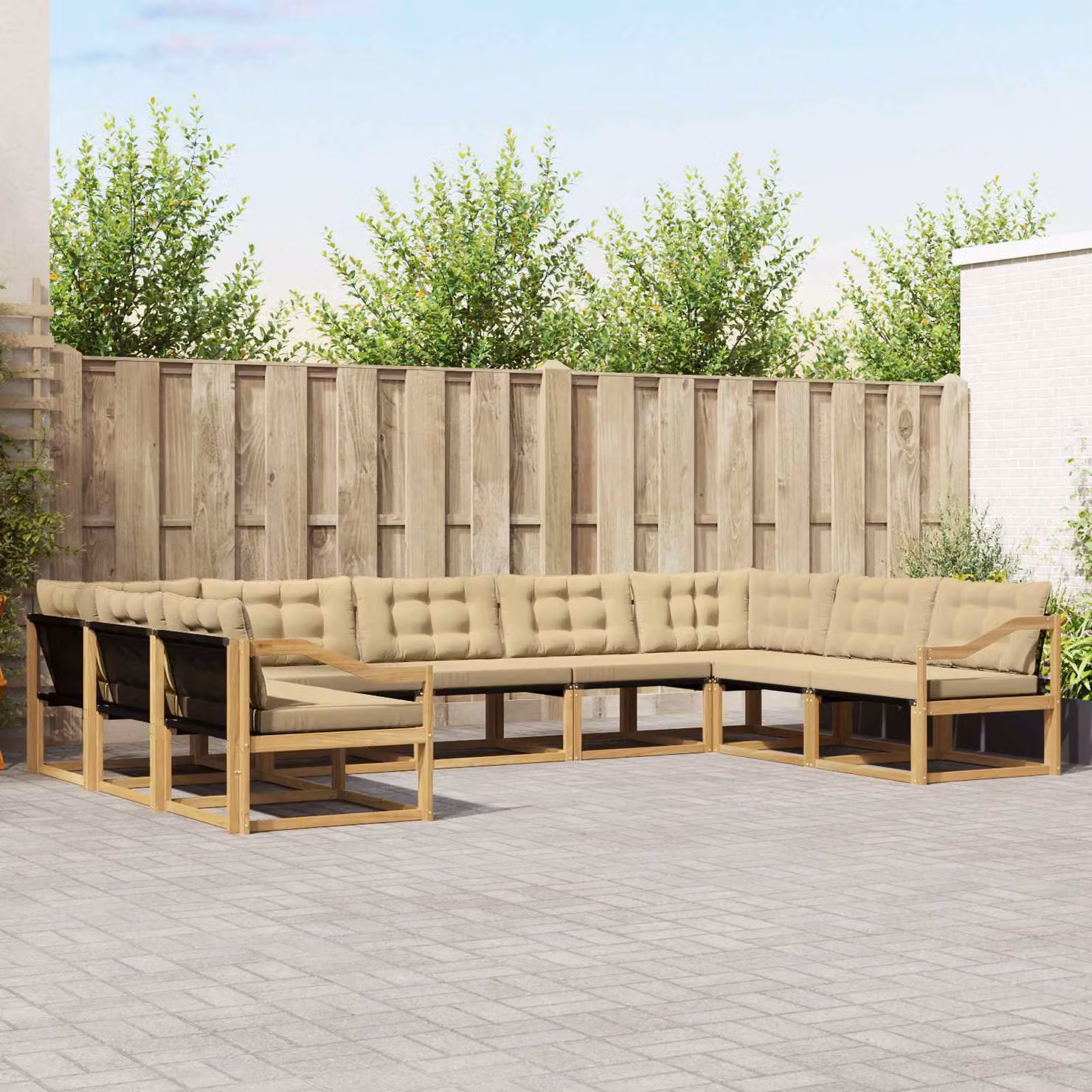 vidaXL Set di divani da esterno a forma di U composto da 9 pezzi in legno di acacia con cuscini bianchi e beige