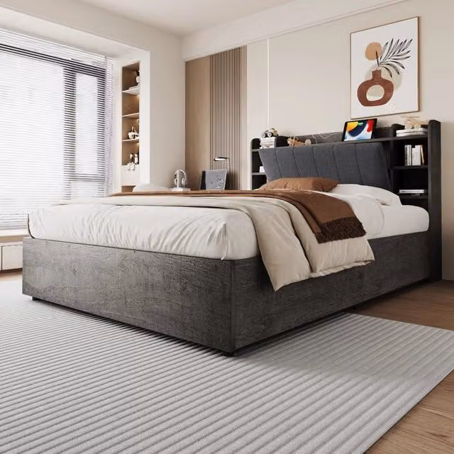 Letto contenitore idraulico 180 x 200 cm con testiera a contenitori, prese USB Type-C, rete a doghe, struttura MDF, grigio